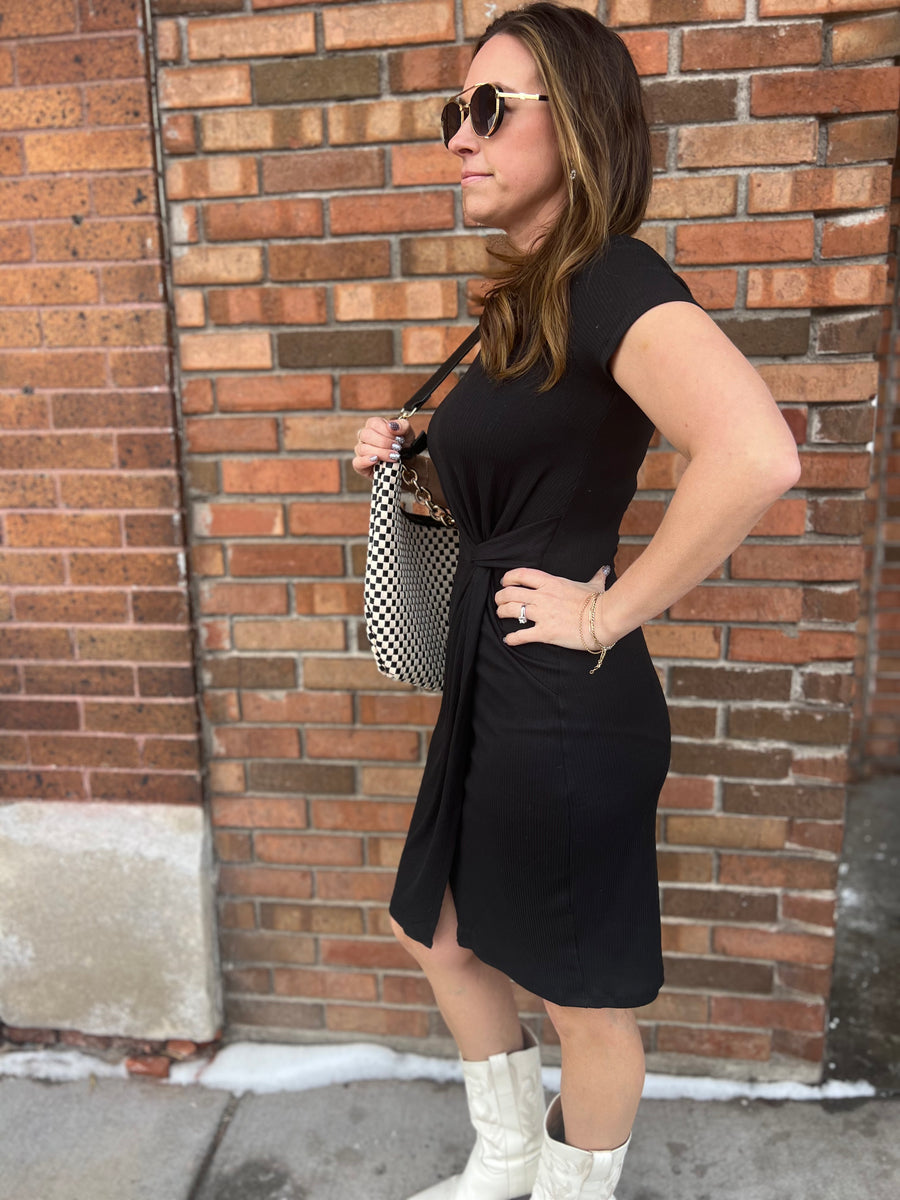 knee length dresses for ladies Ribbed Front Twist Midi Dress Black / Small main image 0