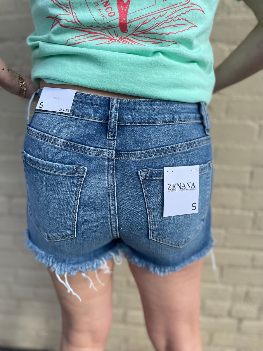 Zenana Mid Rise Raw Frayed Hem Denim Shorts – Two Sisters Boutique
