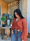 Pointelle Knit V Neck Ruched Sweater