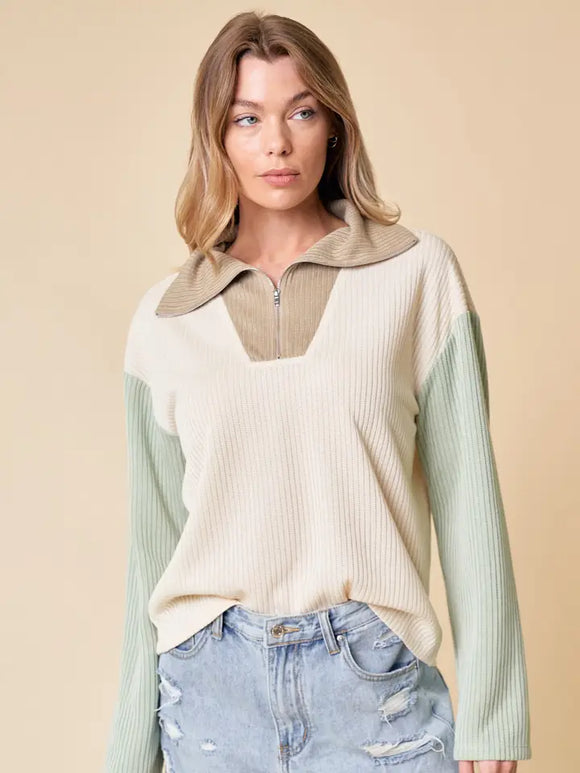 Ribbed Half Zip Colorblock