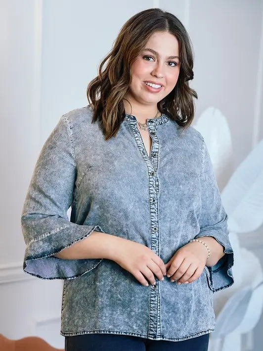 Button Down Blouse With Ruffle Sleeve