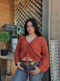 Pointelle Knit V Neck Ruched Sweater