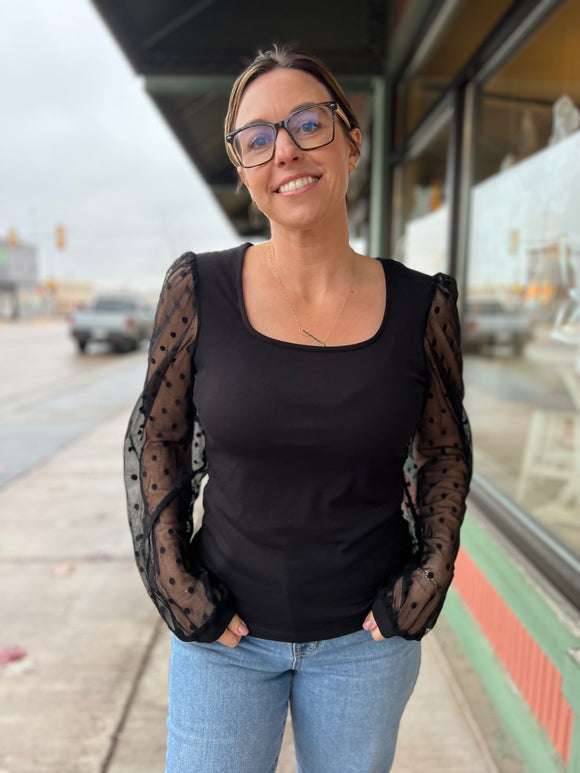 Polka Dot Mesh Sleeve Blouse