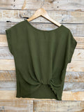 Solid Woven Blouse w/ Front Knot