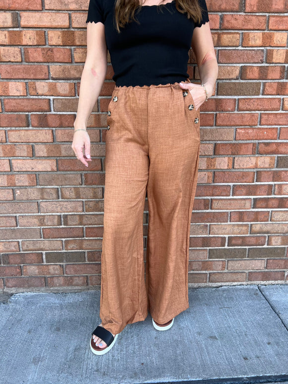 Elastic Waist Woven Pants With Side Button Detail