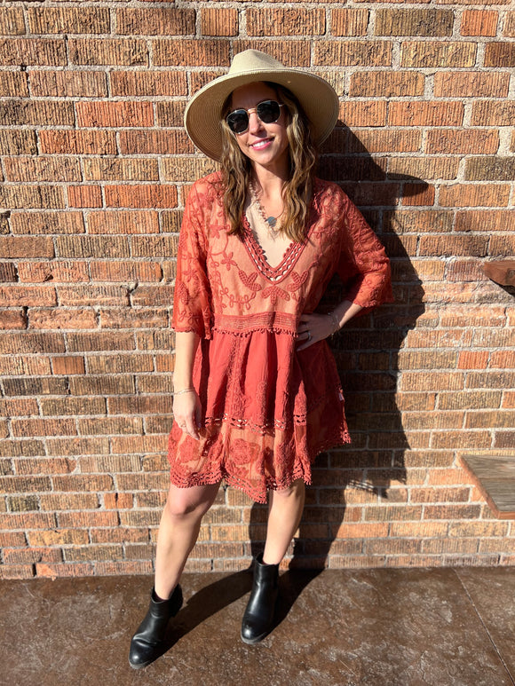 Embroidered Lace V-Neck Tunic/Swimsuit Cover