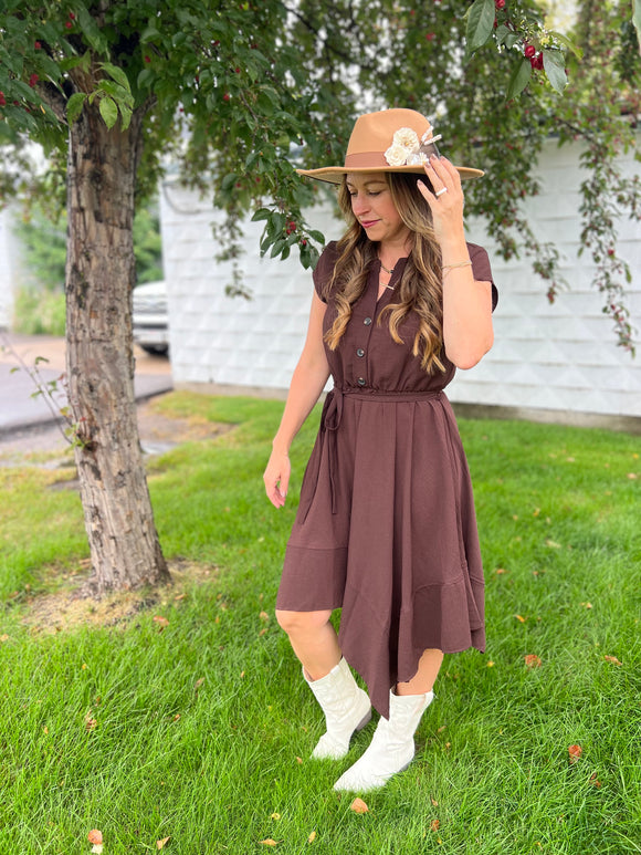 Slit Neck Button Down Shark Bite Hem Midi Dress