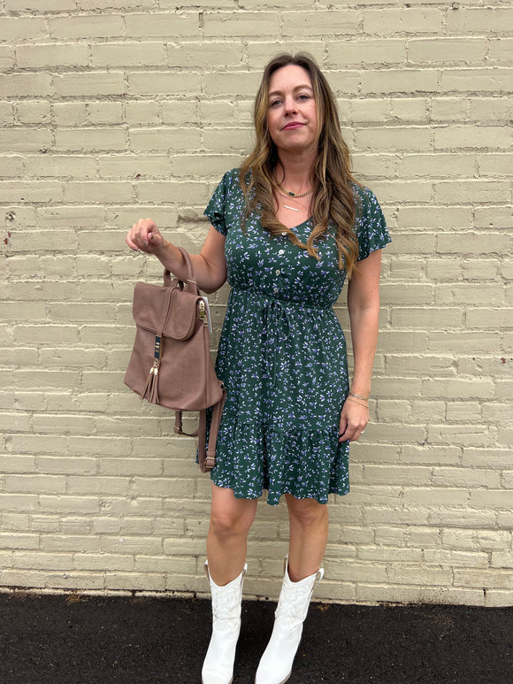 Floral V Neck Elastic Waist Ditsy Midi