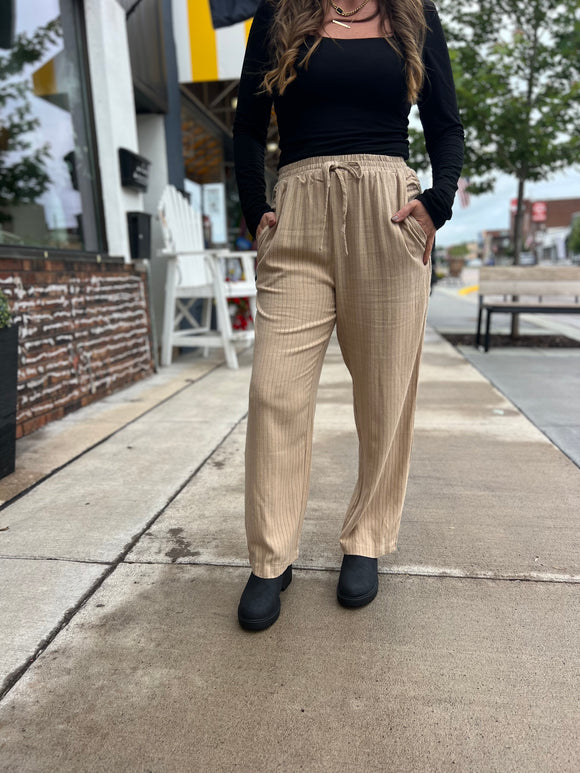 Pinstripe Drawstring Straight Linen Pants
