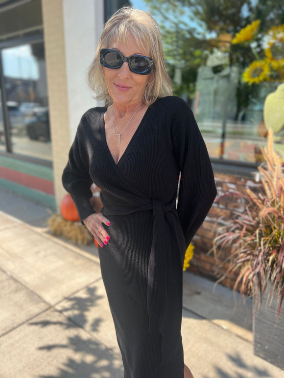 V Neck Wrap Sweater Dress