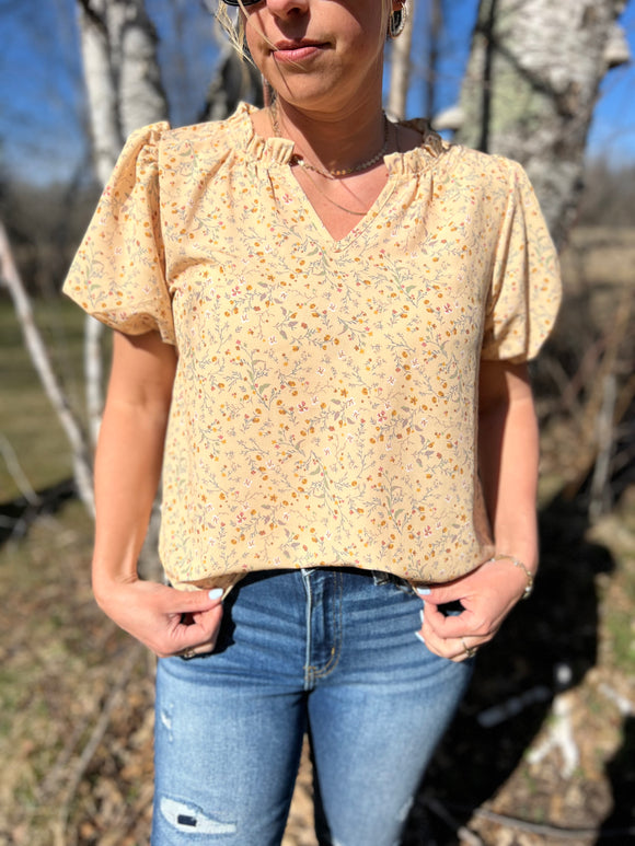 Ruffled V Neck Floral Printed Top