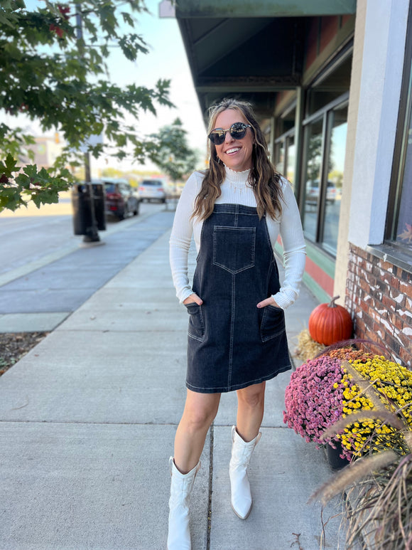 Denim Overall Mini Dress Black Denim / X Large Denim Overall Mini Dress Black Denim / X Large