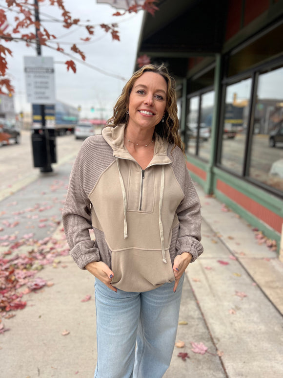 Fleece and Rib Knit Mixed Hoodie
