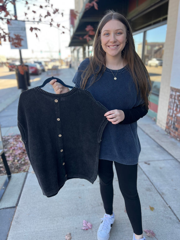 Mineral Washed Short Tab Sleeve Knit Pullover Sweater