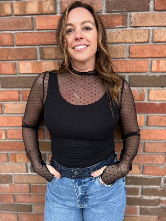 Dot Pattern Mock Neck Lace Top