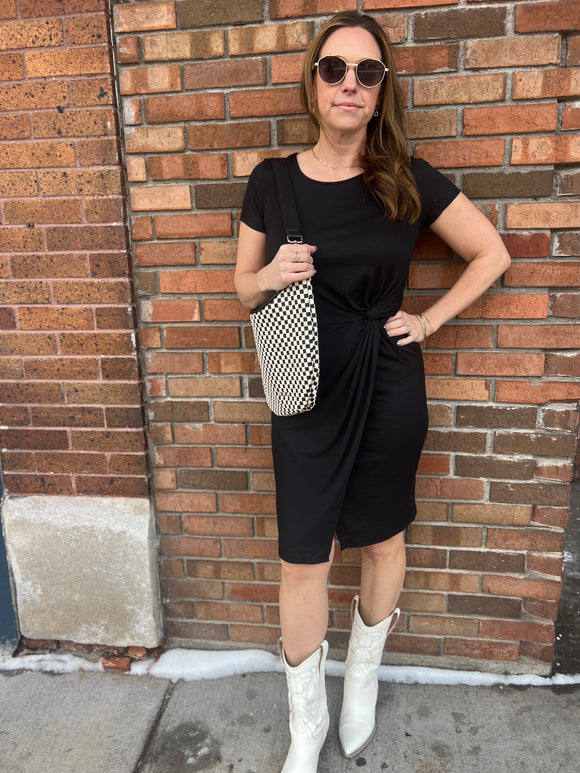 knee length dresses for ladies Ribbed Front Twist Midi Dress Black / Small