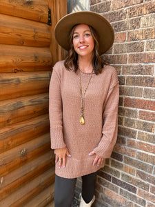Chunky Knit Crewneck Tunic Sweater Dress Large / Latte