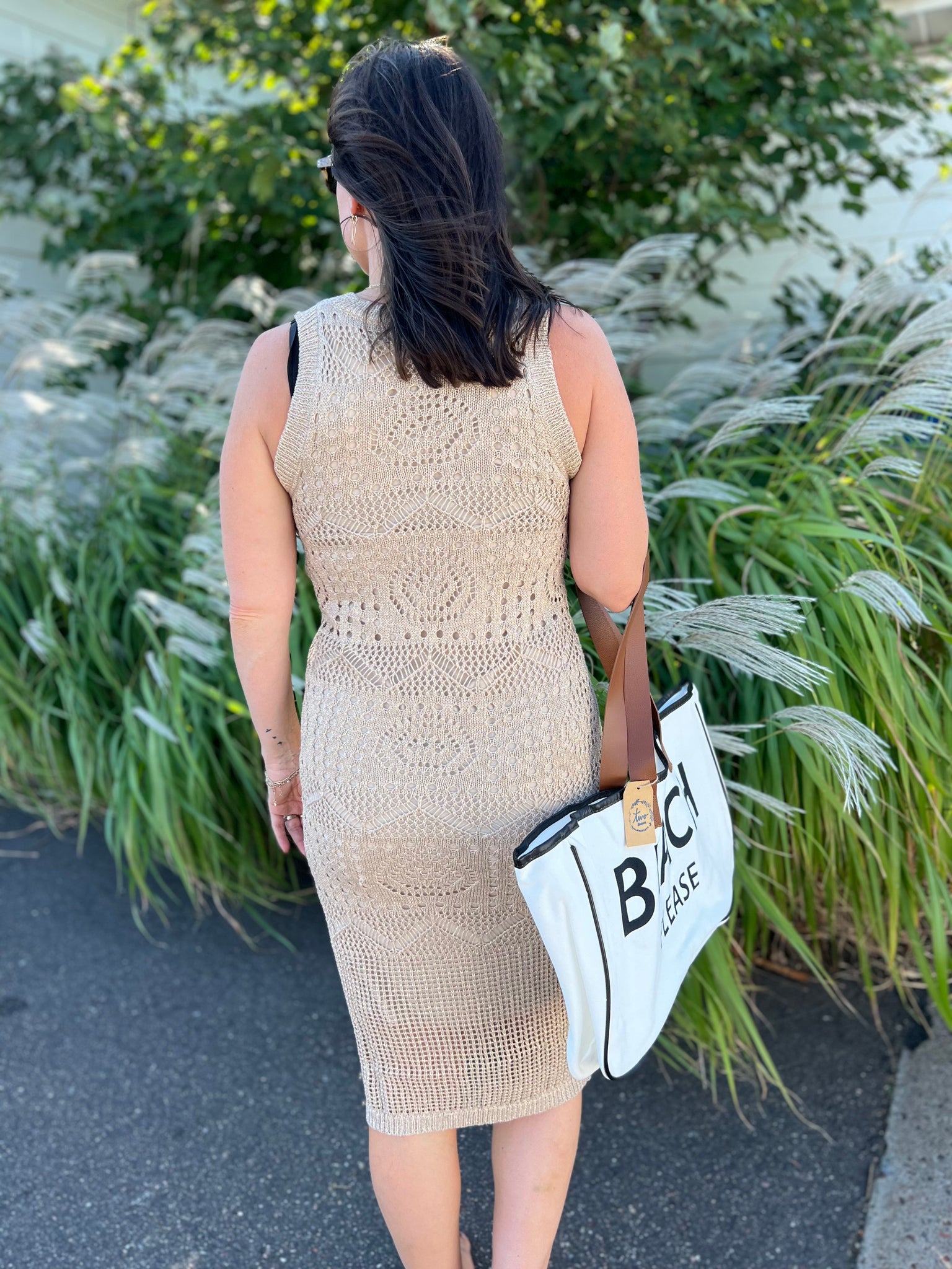 tan crochet dress Line & Dot Isabel Crochet Dress in Sand