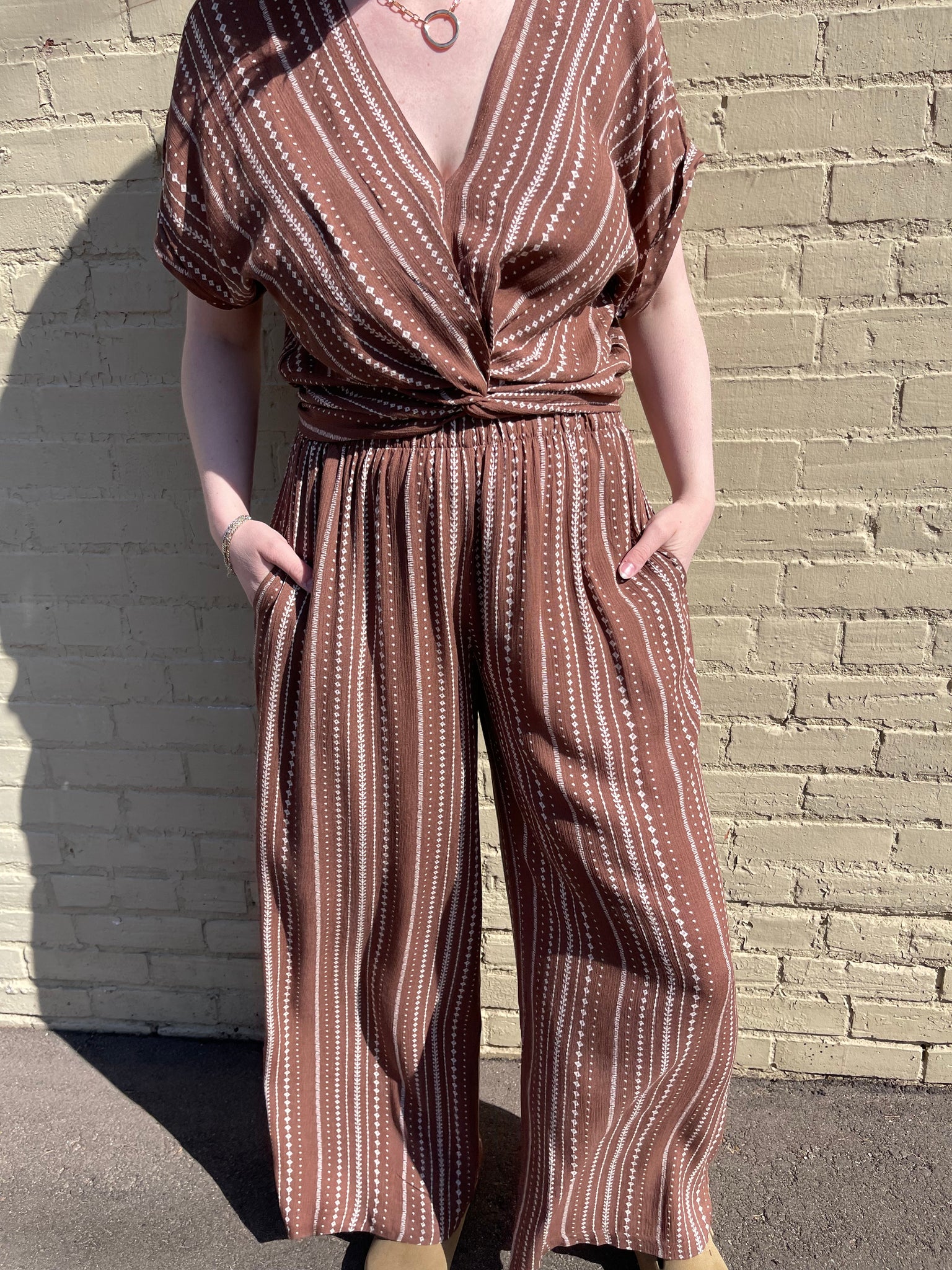 boho dress pants Women Boho Pleated Wide Leg Pants Solid Ruffle Bow Tie Elastic High Waist Split Flowy Culottes Palazzo Dress Pants Office Beach(M,Brown)