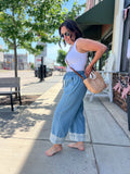 Floral Lace Trim Denim Pants