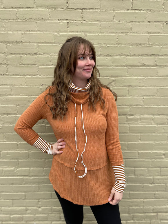 Waffle Knit Double Cowl Neck Top