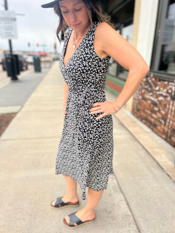 Sleeveless Faux Wrap Floral Midi Dress
