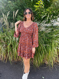 Smocked Bodice V Neck Long Sleeve Dress