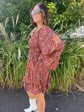 Smocked Bodice V Neck Long Sleeve Dress