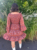 Smocked Bodice V Neck Long Sleeve Dress