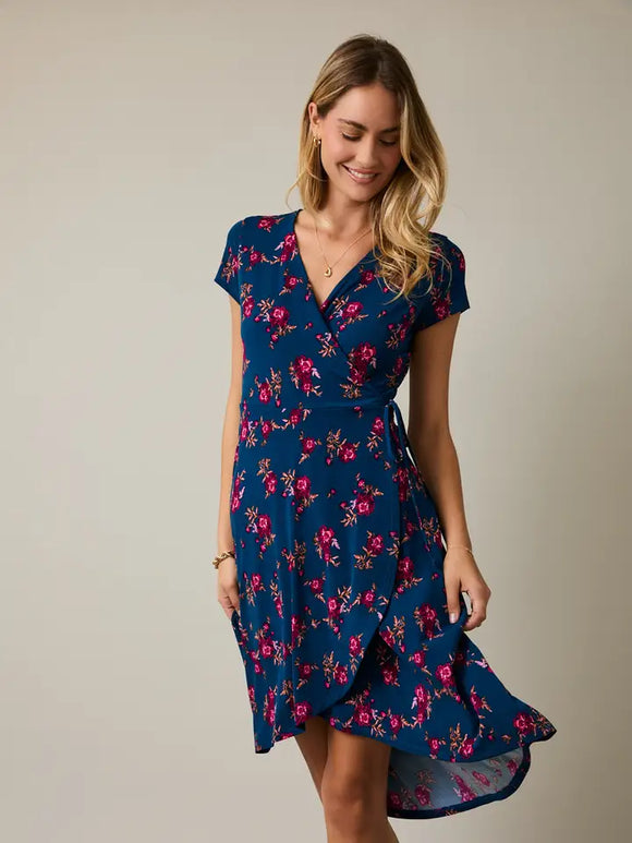 V Neck Wrap Ditsy Midi Dress