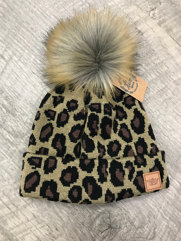 Kids Leopard Knit Hat W/ Pom-Pom