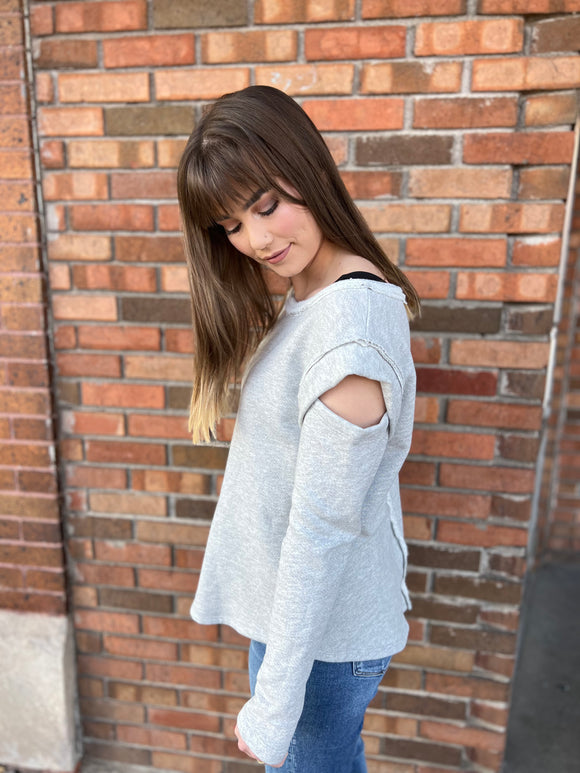 Cut Out Sleeve Raw Edge Solid Knit Top