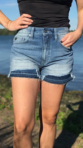 KanCan High Rise Released Hem Patch Shorts